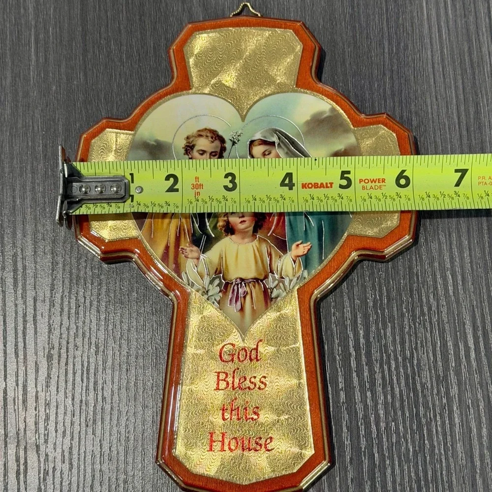 Religious Holy Family Cross Wall Decor God Bless This House Vtg Art Gold Foil